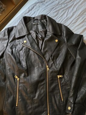 Black Leather Moto Jacket with Gold Hardware